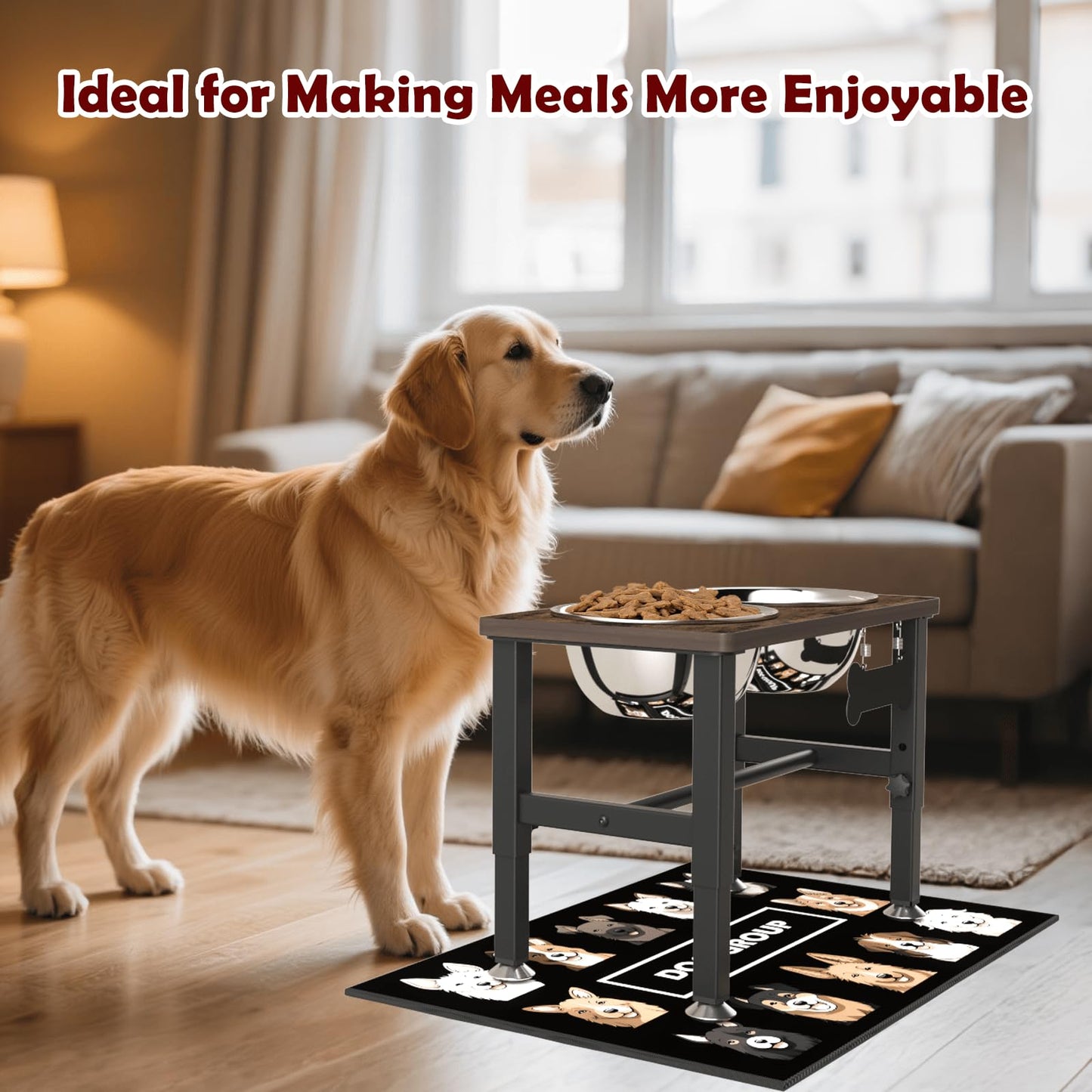 SHAINFUN Elevated Dog Bowls with Slow Feeder & Mat for Medium and Large Dogs, 16" Tall Adjustable Wooden & Metal Raised Dog Bowl Stand, 2 Stainless Steel 58oz Bowls for Food & Water