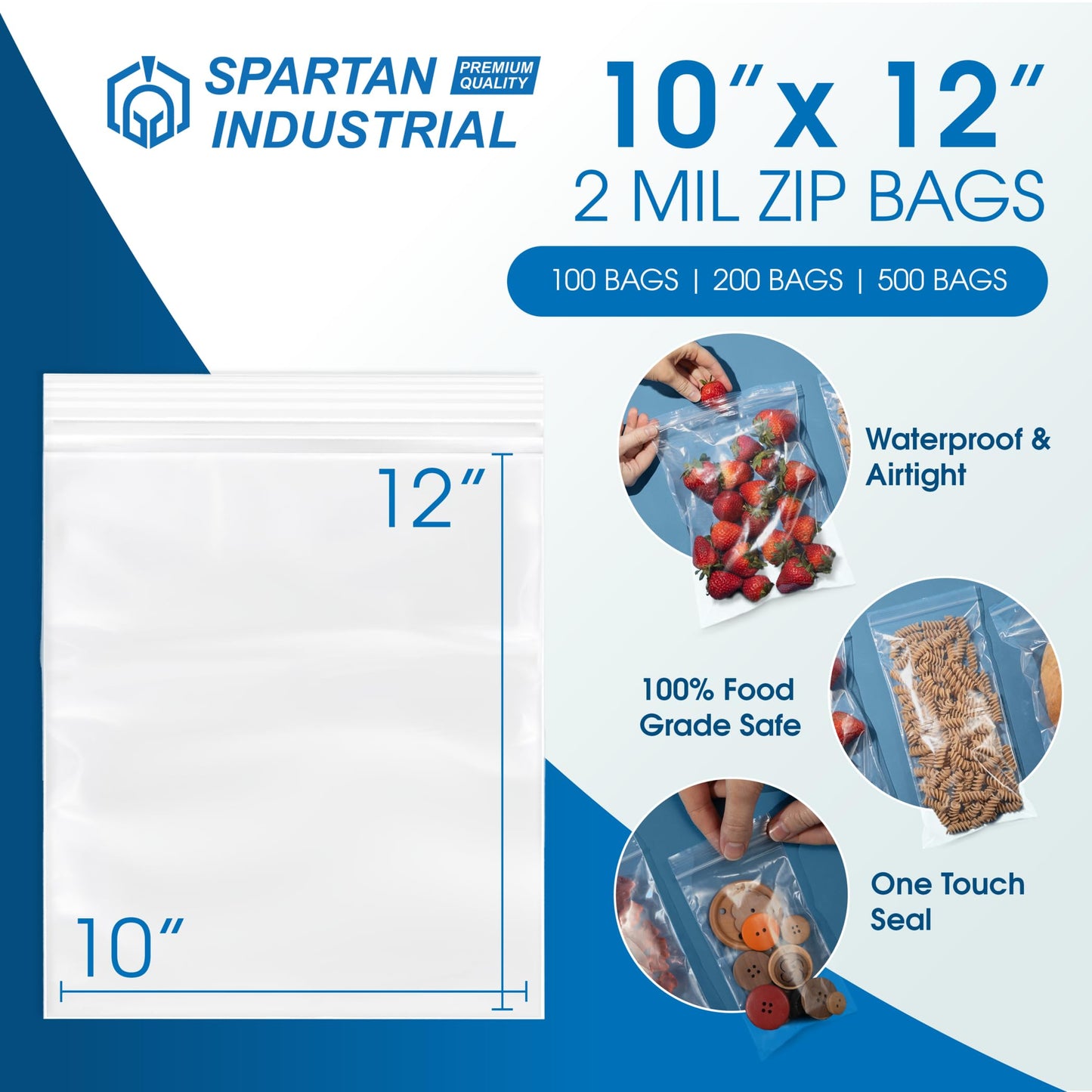 Spartan Industrial - 10” X 12” (500 Count) 2 Mil Clear Reclosable Zip Plastic Poly Bags with Resealable Lock Seal Zipper