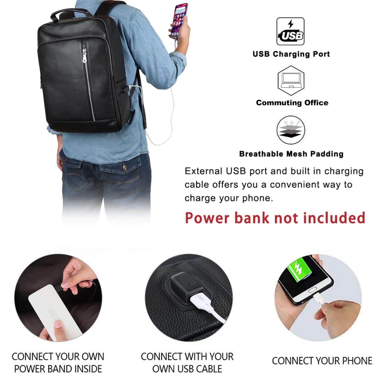 TIDING Leather Business Backpack for Men Women 15.6 Inch Laptop Work Bag College Casual Office Daypack with USB Charging Port