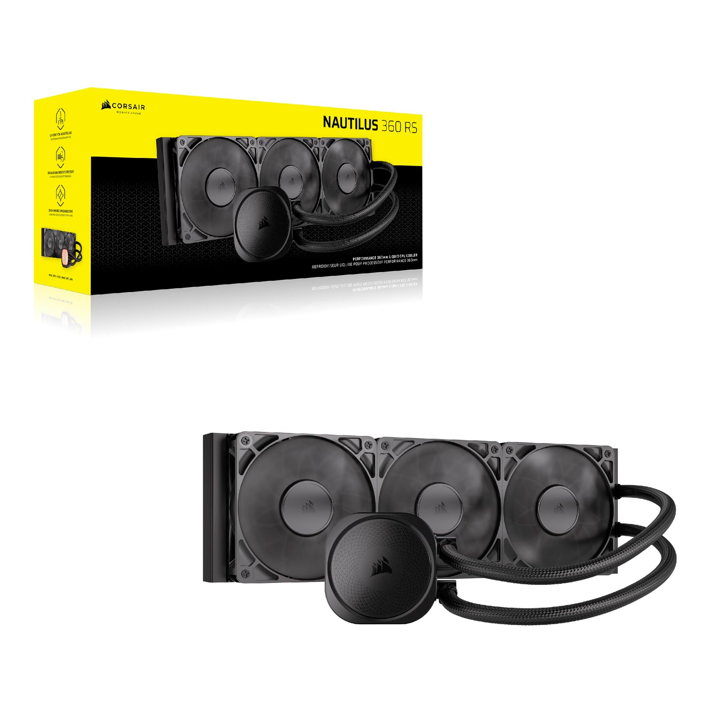 CORSAIR Nautilus 360 RS Liquid CPU Cooler – 360mm AIO – Low-Noise – Direct Motherboard Connection – Daisy-Chain – Intel LGA 1851/1700, AMD AM5/AM4 – 3X RS120 Fans Included – Black