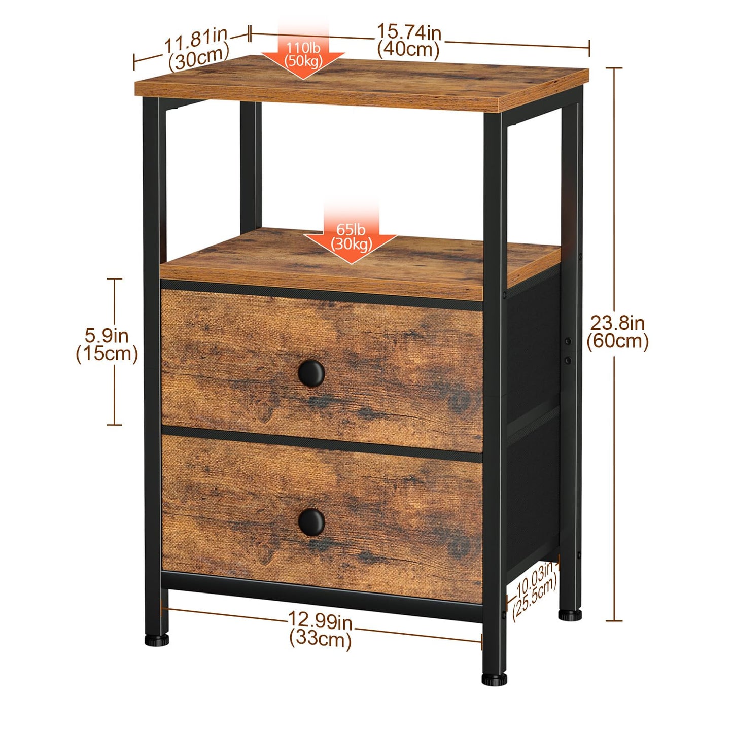 LOAKEKEL Night Stand, Bed Side Table with 2 Fabric Drawer for Living Room, Nightstand with Large Storage Space, End Table with Shelf for Bedroom, Brown, HETS002BR-1