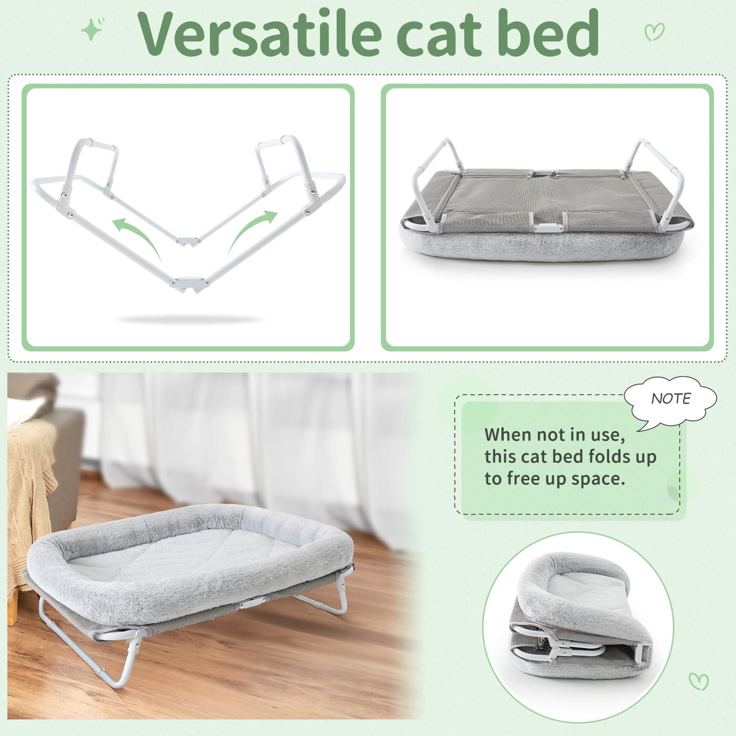 Sunhoo Cat Bed Elevated Hammock for Indoor Cats Raised Small Dog Bed Foldable Large Pet Cot Puppy Chair with Washable Cushion Outdoor Hamac Lit Pour Chat 25.2x15.75x7.48 in Easy Assembly(Grey)