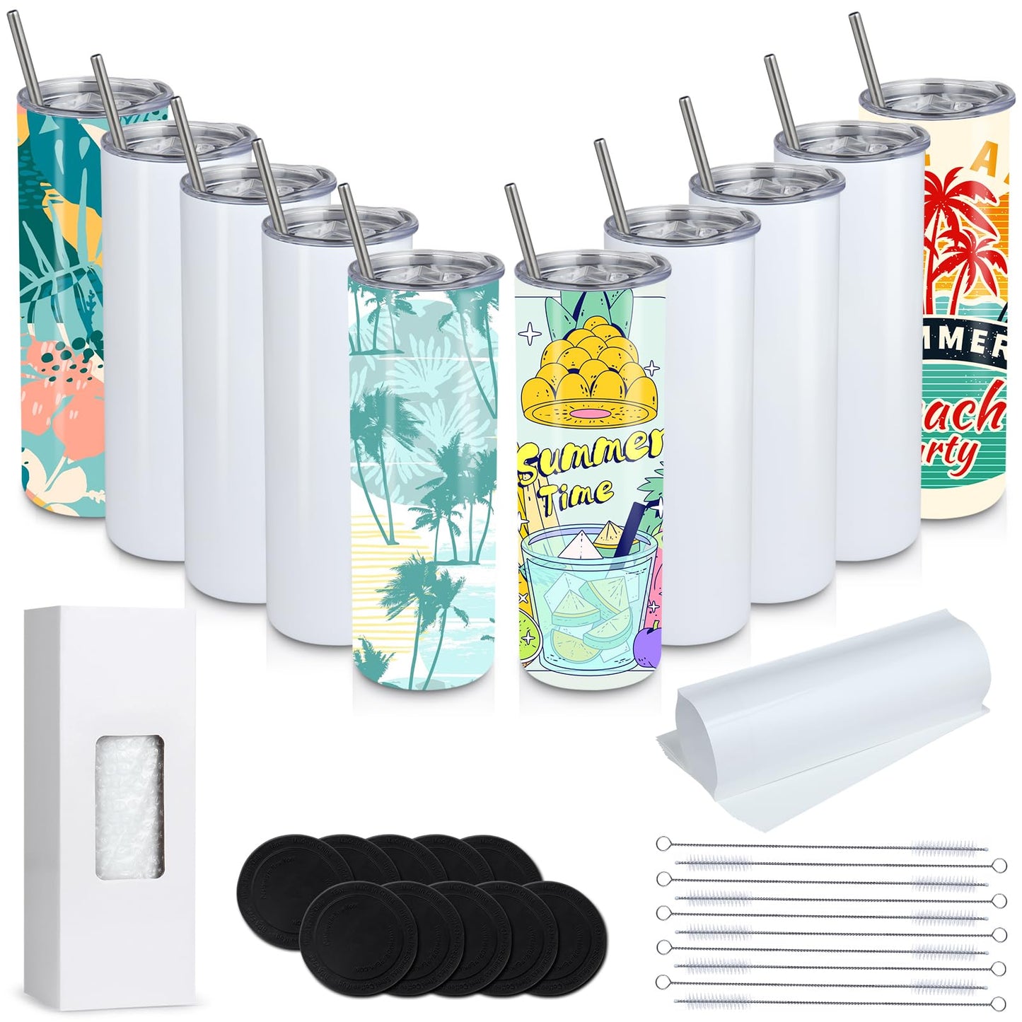 20oz Sublimation Tumblers,10 Pack Blank Skinny Tumbler with Lids and Straws,Stainless Steel Double Wall Vacuum Insulated Sublimation Tumbler Bulk Set,Straight Tumblers Cups Travel Coffee Cup
