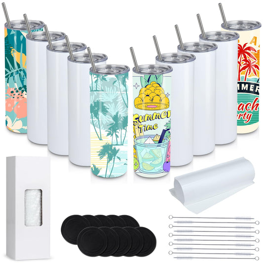 20oz Sublimation Tumblers,10 Pack Blank Skinny Tumbler with Lids and Straws,Stainless Steel Double Wall Vacuum Insulated Sublimation Tumbler Bulk Set,Straight Tumblers Cups Travel Coffee Cup