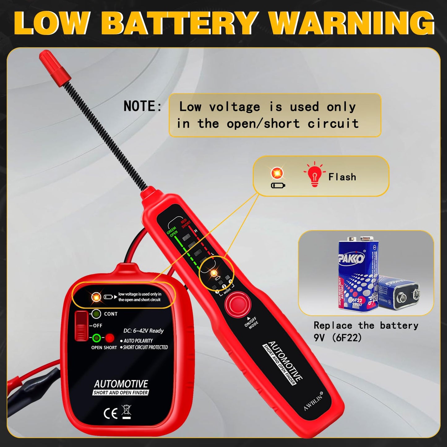 AWBLIN Wire Tracer Automotive Electrical Open & Short Finder Circuit Tester Wire Breaker Finder Fault Probe Cable Tracker Electrical DC 6-42V