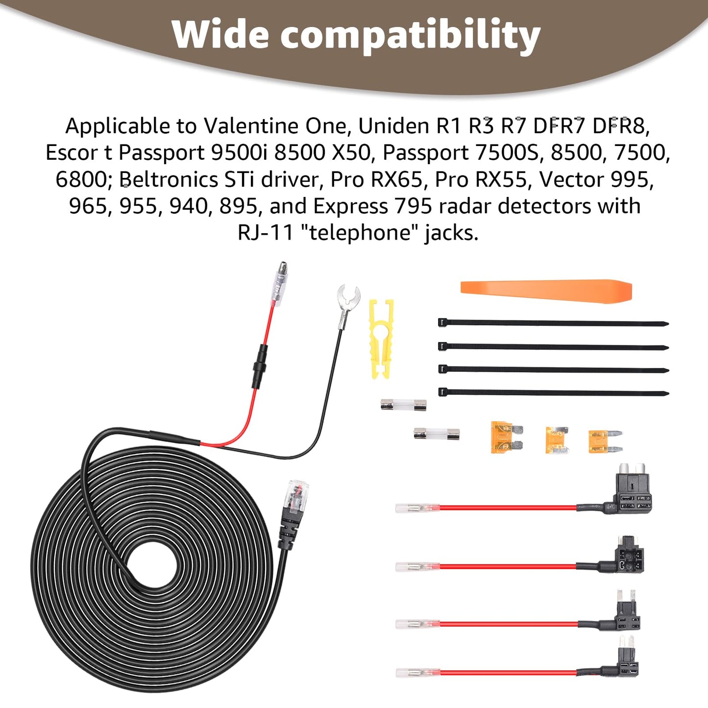Universal RJ11 Radar Detector Hardwire Kit Compatible with Uniden R3, R7, R8, Escort, Valentine One, Cobra Direct Wire Power Cord with Multiple Fuse Taps