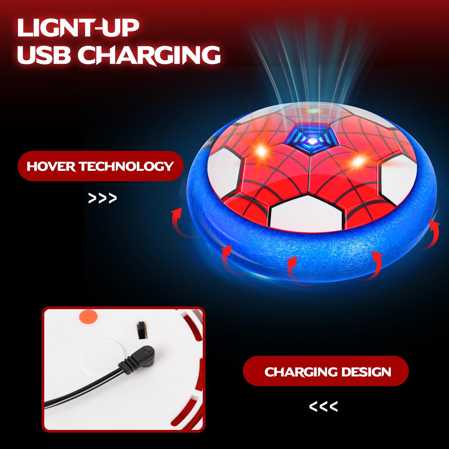 Spider Hover Soccer Balls Toys Set for Kids, 2-in-1 Rechargeable Air Floating Football Toy Ball with Led Light, Indoor Sports Games Christmas Birthday for Old Boys