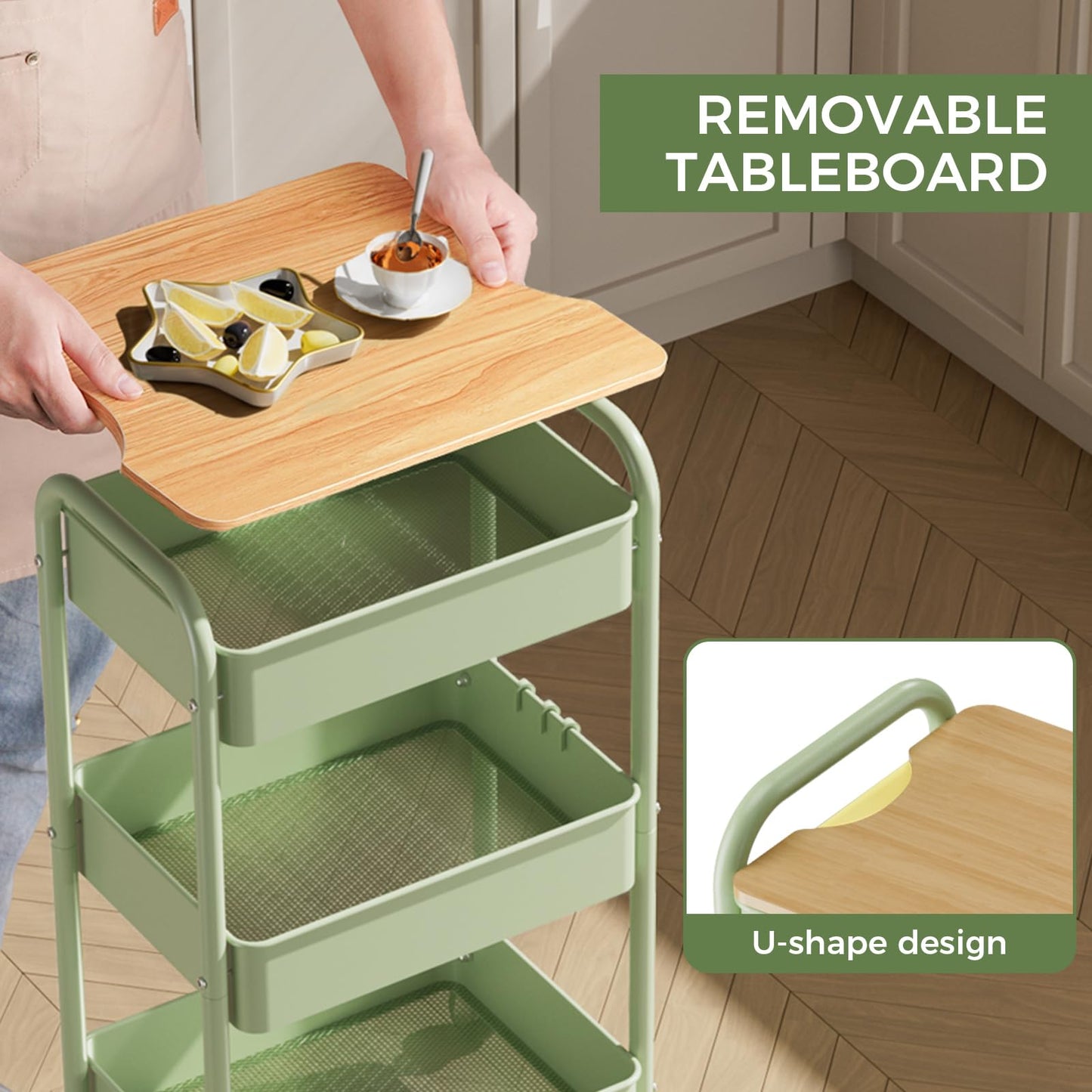 3 Tier Rolling Cart with Table top, Metal Rolling Utility Cart, Storage Organizer Cart with Locking Wheels & Hooks for Office, Classroom, Kitchen and Bathroom, Green