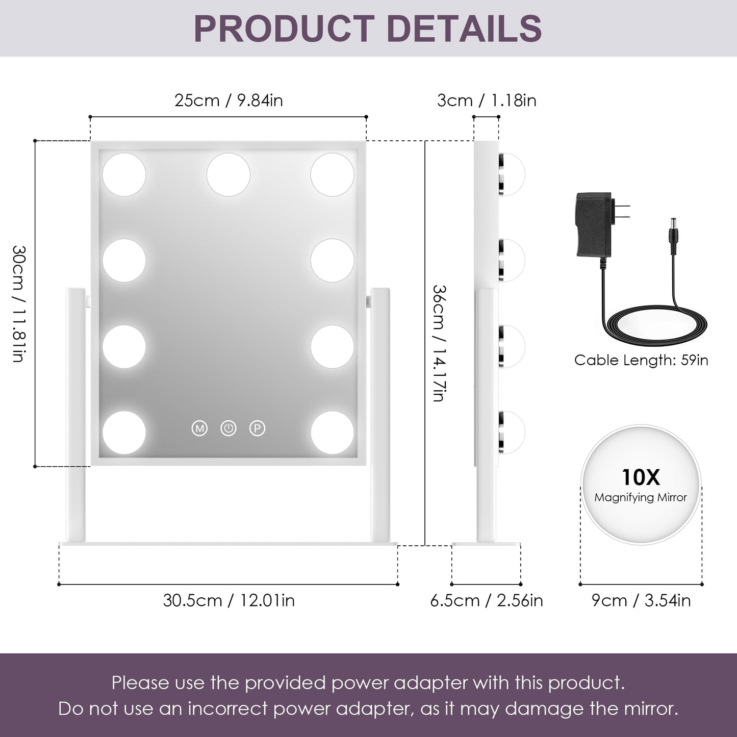 Sucedey Makeup Mirror with Lights, 14x12 '' Lighted Vanity Mirror with 9 Bulbs, 3 Color Mode and Dimming, Touch Control, Detachable 10X Zoom Mirror, 360° Rotation, Sleek Metal Frame -White
