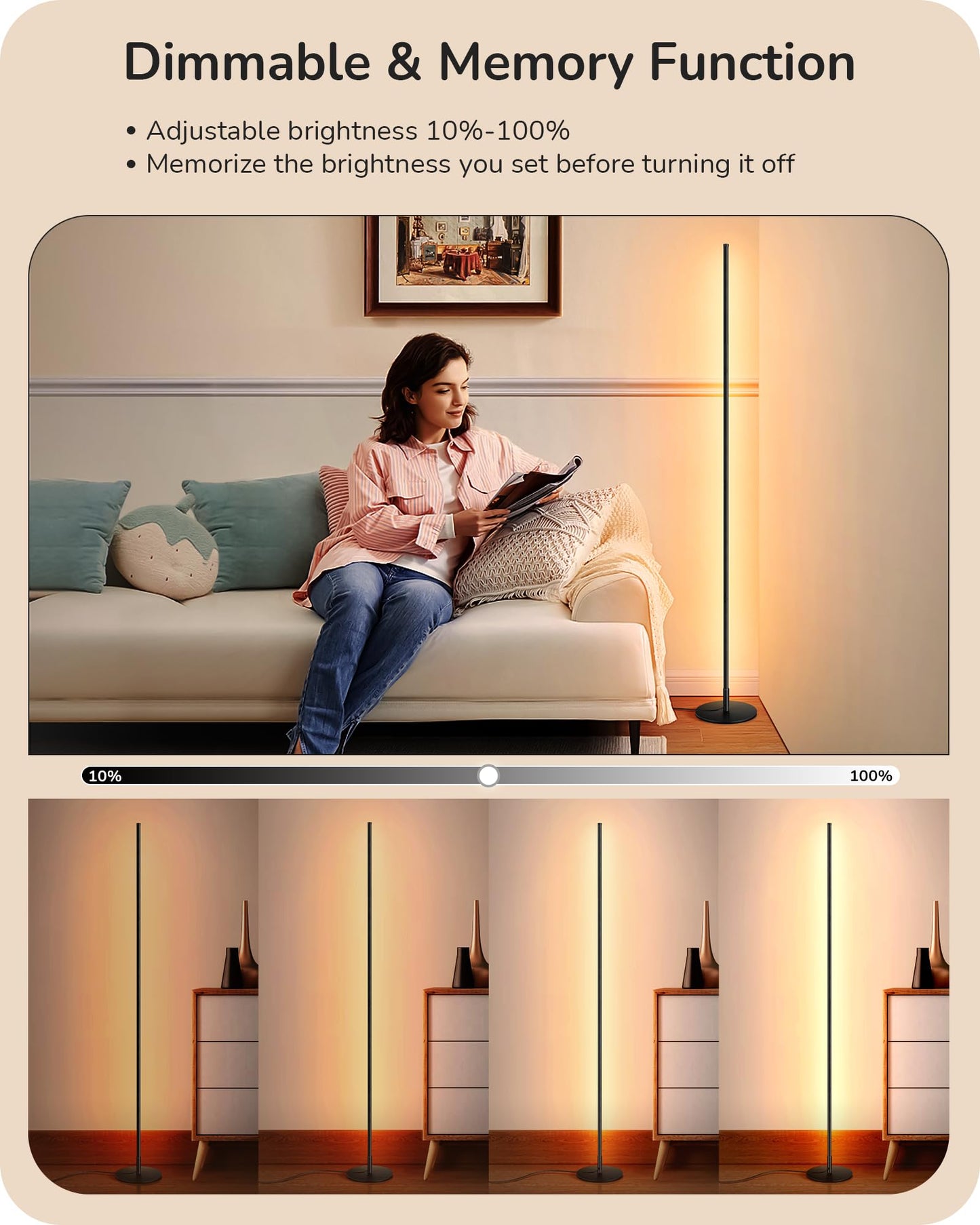 EDISHINE LED Corner Floor Lamp, 57.5" Minimalist Dimmable Sleek Light, Adjustable Height, Standing Tall Lamp for Living Room, Bedroom, Office, 3000K Warm White Light (Black)