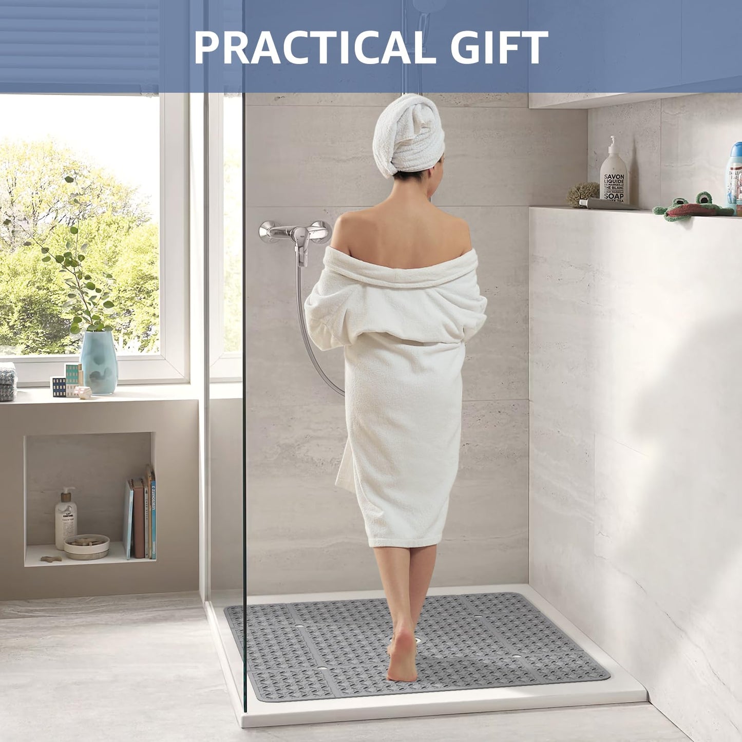 OTHWAY Square Shower Mat, 27"x 27" Extra Large Shower Mats for Inside Shower, TPE Anti Slip Shower mat with Suction Cups Drain Holes, Machine Washable Shower Floor Mat (Grey)