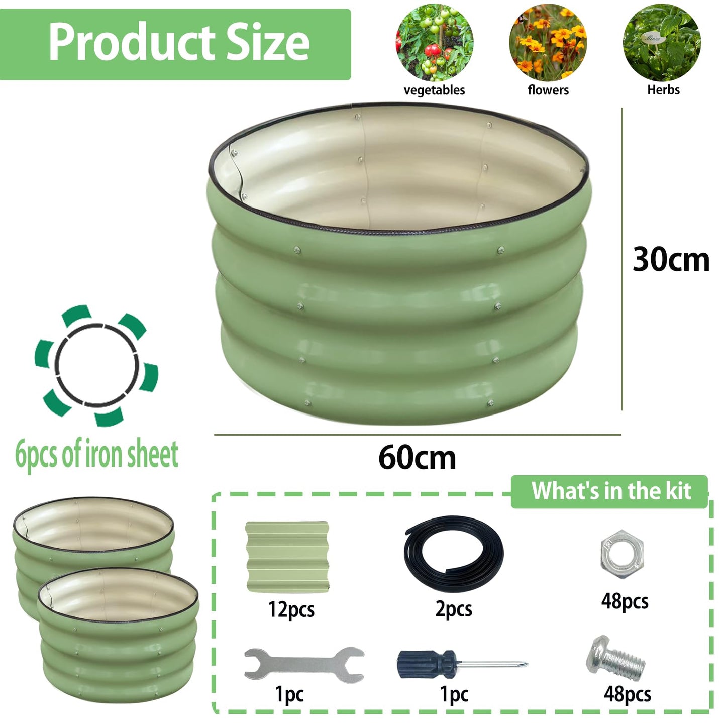 2-Pack Raised Beds for Garden – 60x30cm Round Steel Planter Box with Safety Edging, Outdoor Raised Planters for Vegetables, Flowers & Herbs, Bottomless Metal Garden Bed