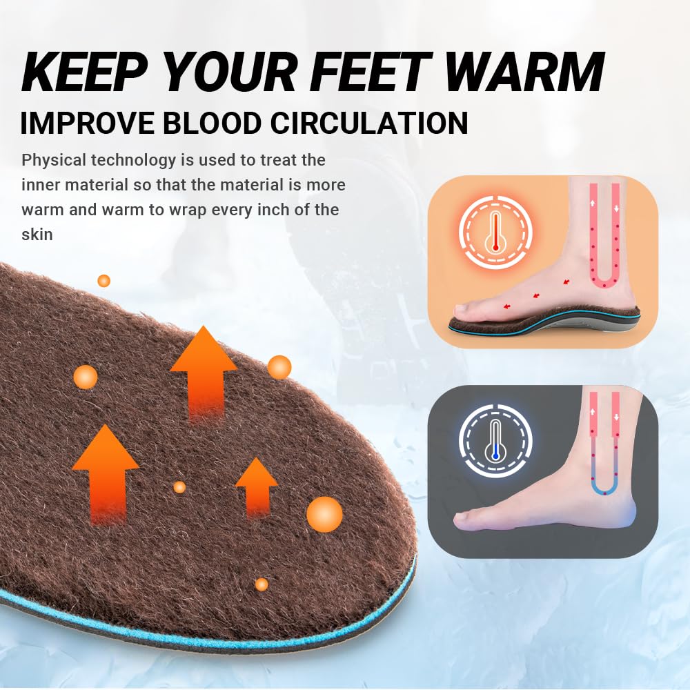VALSOLE winter thermal wool insoles,Heavy Duty Support Pain Relief Orthotics Plantar Fasciitis High Arch Support Insoles,for Men Women Work Boot Shoe Insole warm insoles (MEN 10-10 1/2 | WOMEN 12-12 1/2--(286mm), Brown)