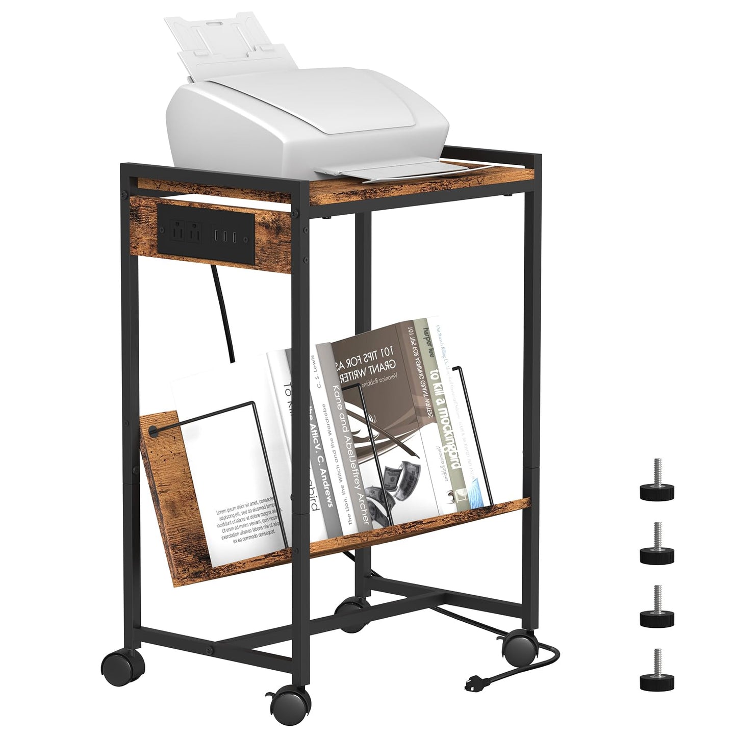 Printer Stand 2-Tier Printer Cart with Storage Shelves Printer Table with Charging Station Rolling Printer Shelf on Wheels Industrial Printer Holder Stand End Table Side Table for Home Office, Brown