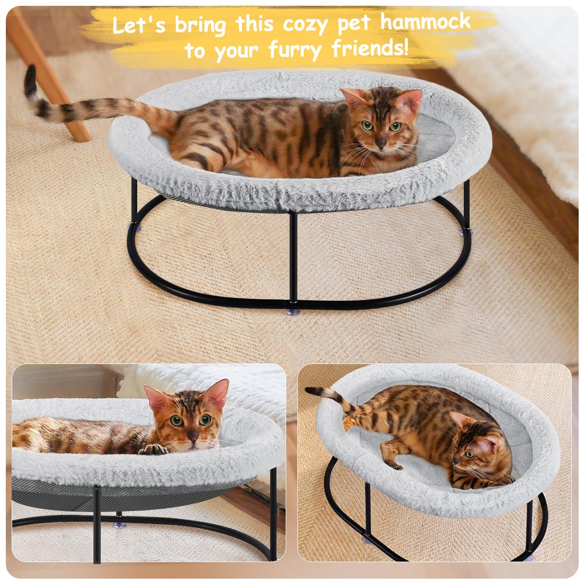Zoratoo Elevated Cat Hammock Bed for Indoor Cats, Fluffy Warm Cuddle Cat Bed with Detachable Pad Bed Cover, Raised Pet Bed Cuddler for Sleeping Kittens, Small Dog, Oval Cat Hammock Grey