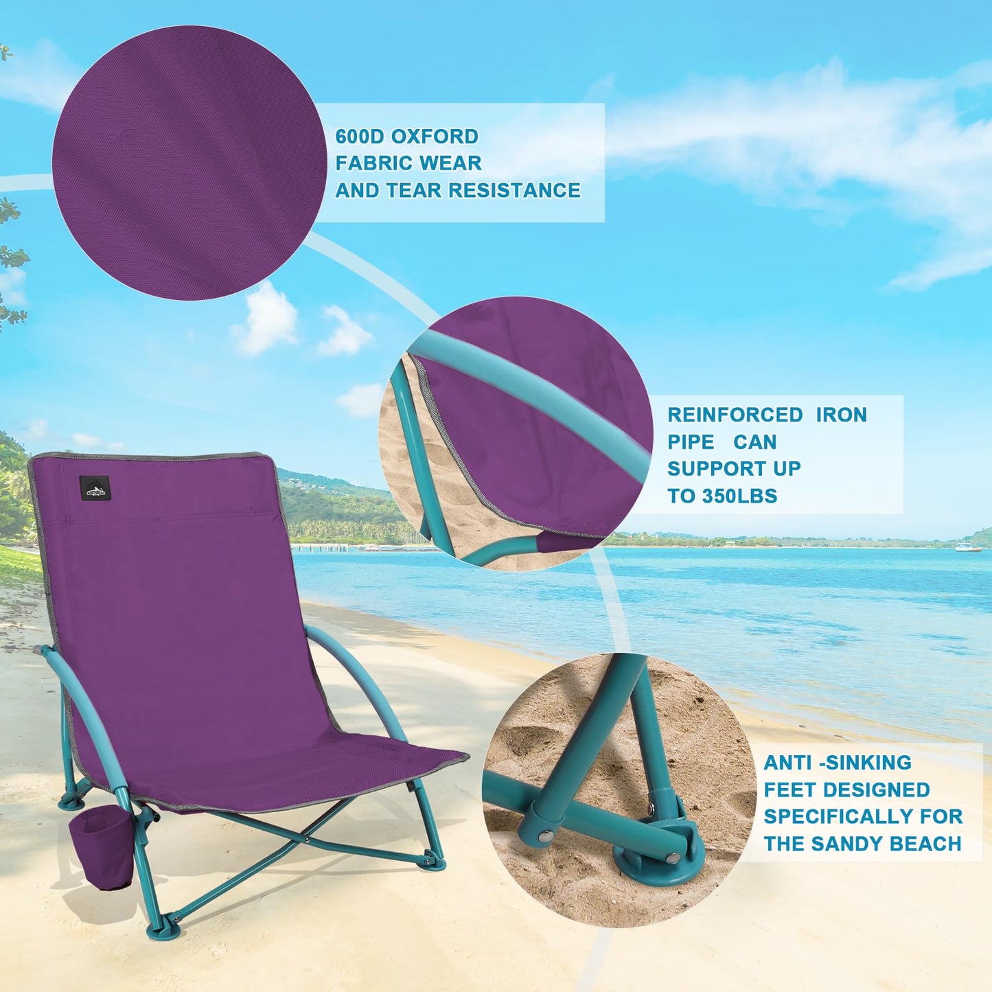 Northroad Low Folding Beach Chair,Portable Lightweight Lowback Sling Chair, Outdoor Low Seat Camping Chair w/Cup Holder & Carry Bag for Sand Camping Lawn Picnic Festival, Purple