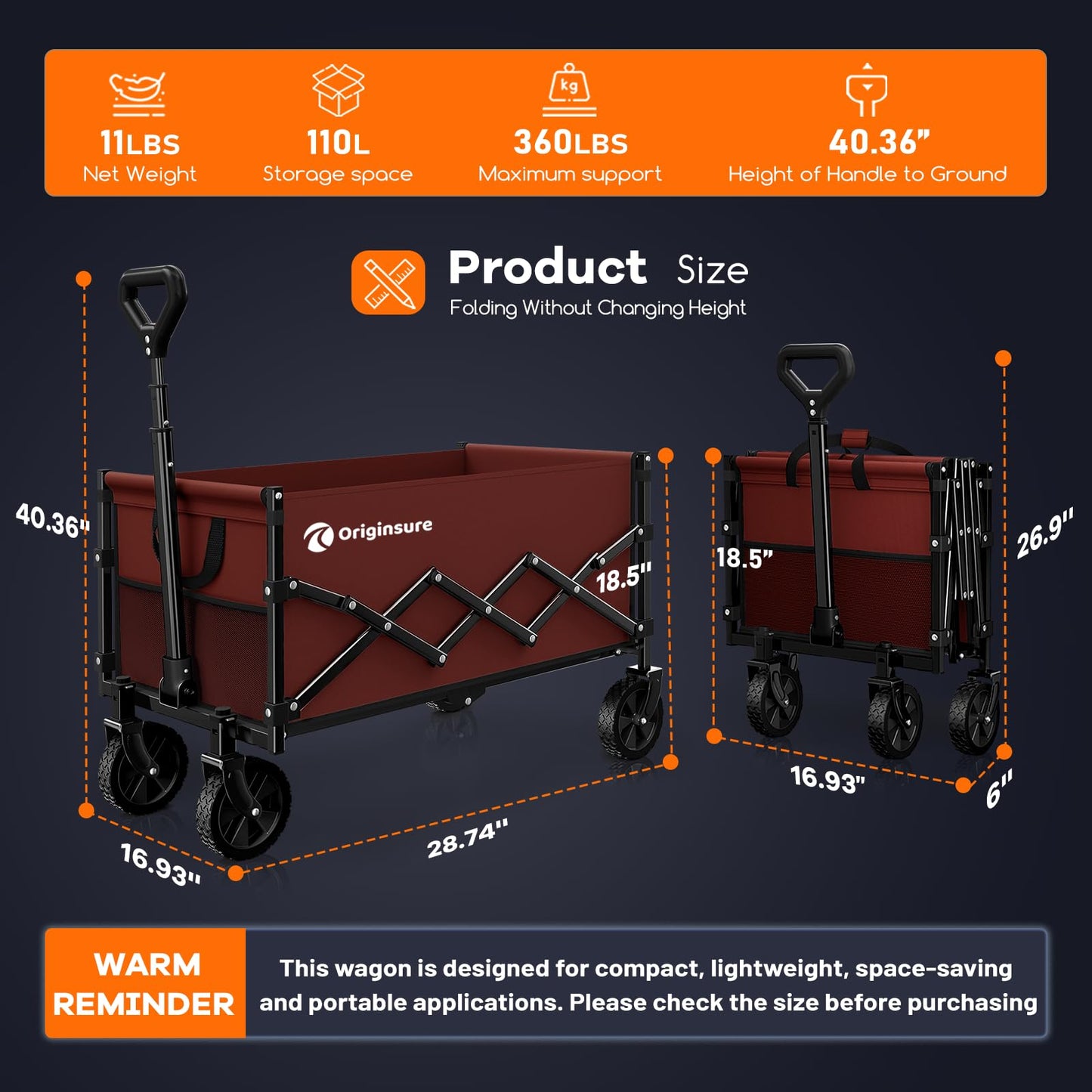 Originsure Collapsible Wagon Cart Foldable - Lightweight Portable Heavy Duty Folding Beach Wagons with Wheels - Outdoor Utility Carts for Grocery, Camping, Shopping, Sports with Large Capacity - Red