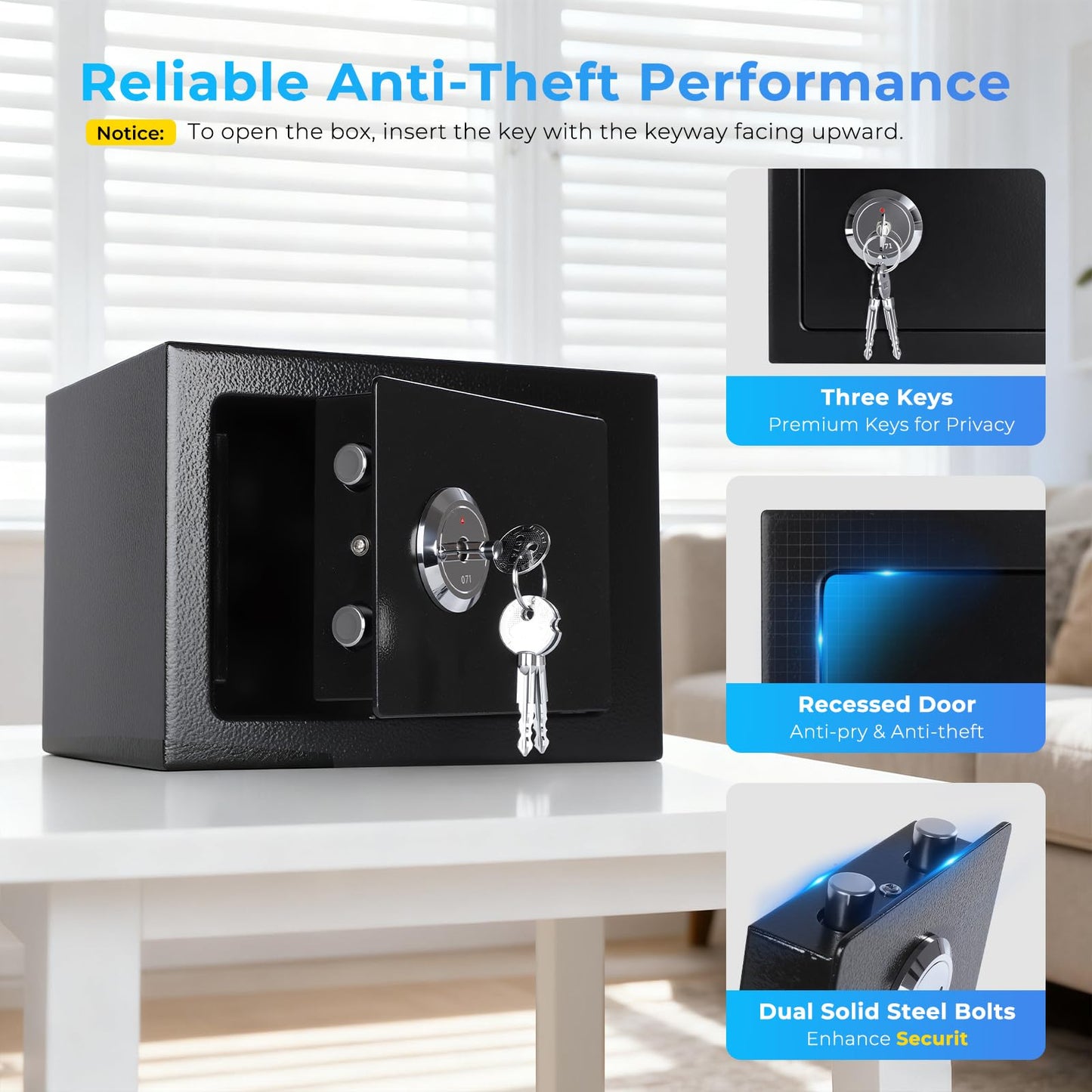 Small Safe Box for Home, Wall Safes 0.23 Cubic Feet, Heavy Duty Steel Safety Lock Box with 3 Keys for Money, Documents, Passort, Jewelry 9.06"x 6.69"x 6.69" Black