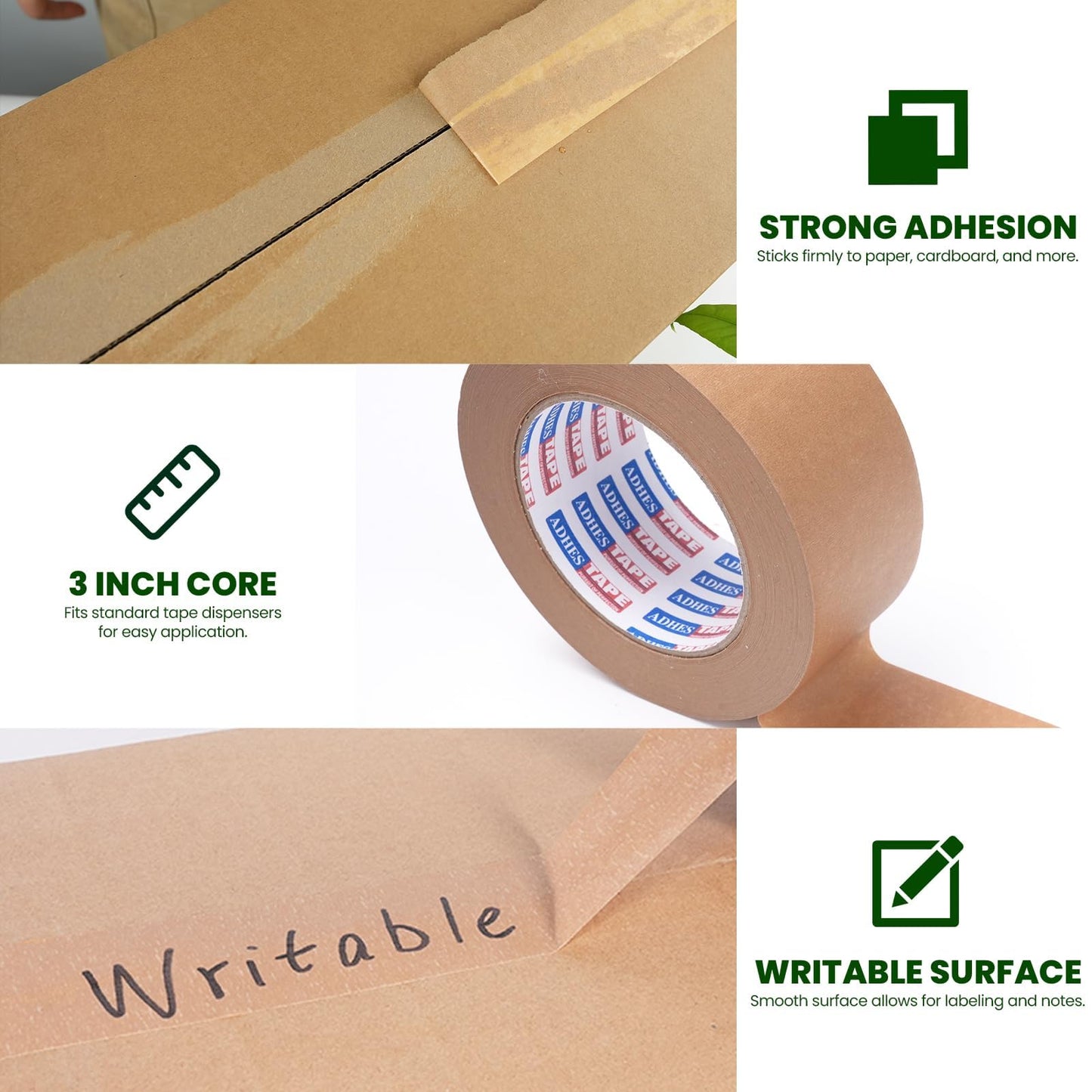 ADHES Kraft Paper Tape with Dispenser, 2 in x 55 yds x 6 Rolls – Eco Friendly Brown Packing Tape, Strong Adhesive, Easy Cut Tape Dispenser for Shipping, Moving & Packaging