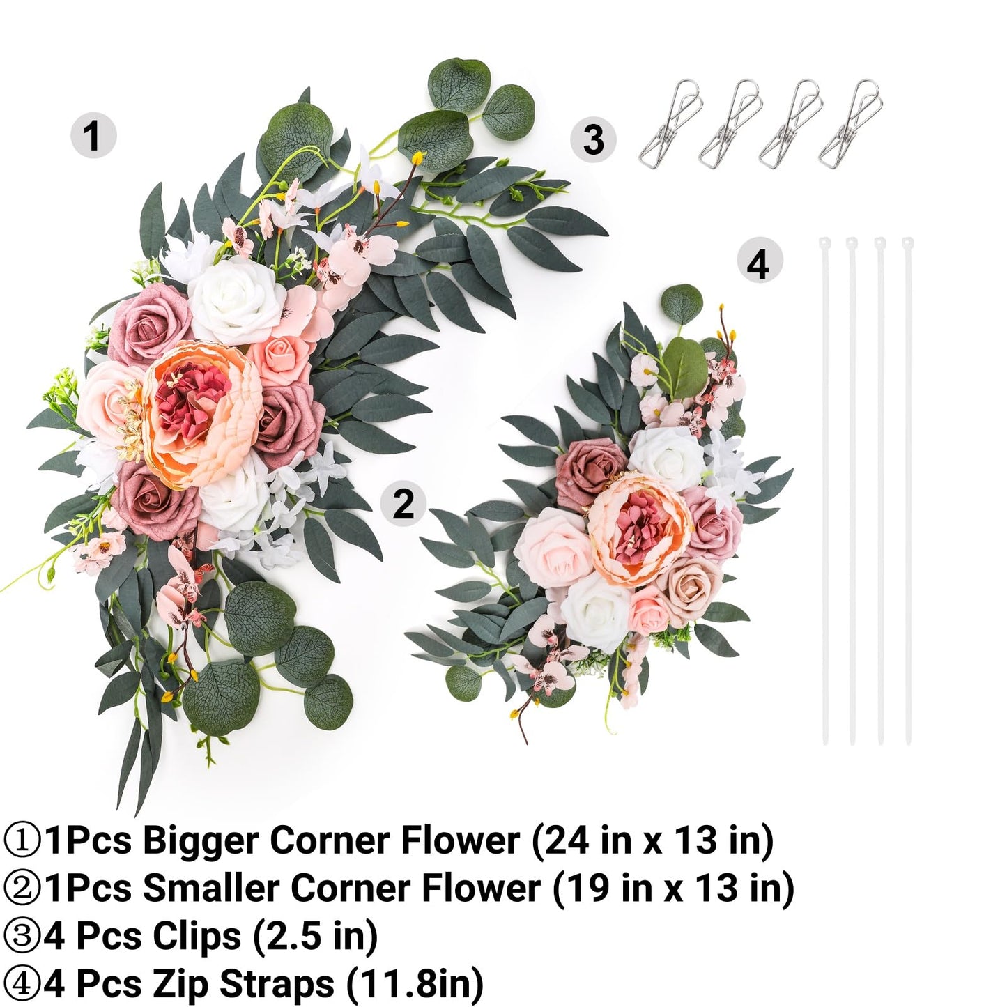 Noamus 2 Pack Wedding Arch Flowers, Artificial Corner Floral Swag, Wedding Arrangements Decor for DIY Ceremony Reception, Sweetheart Table Chair Backdrop, Welcome Sign Banquet Party(Pink-White)