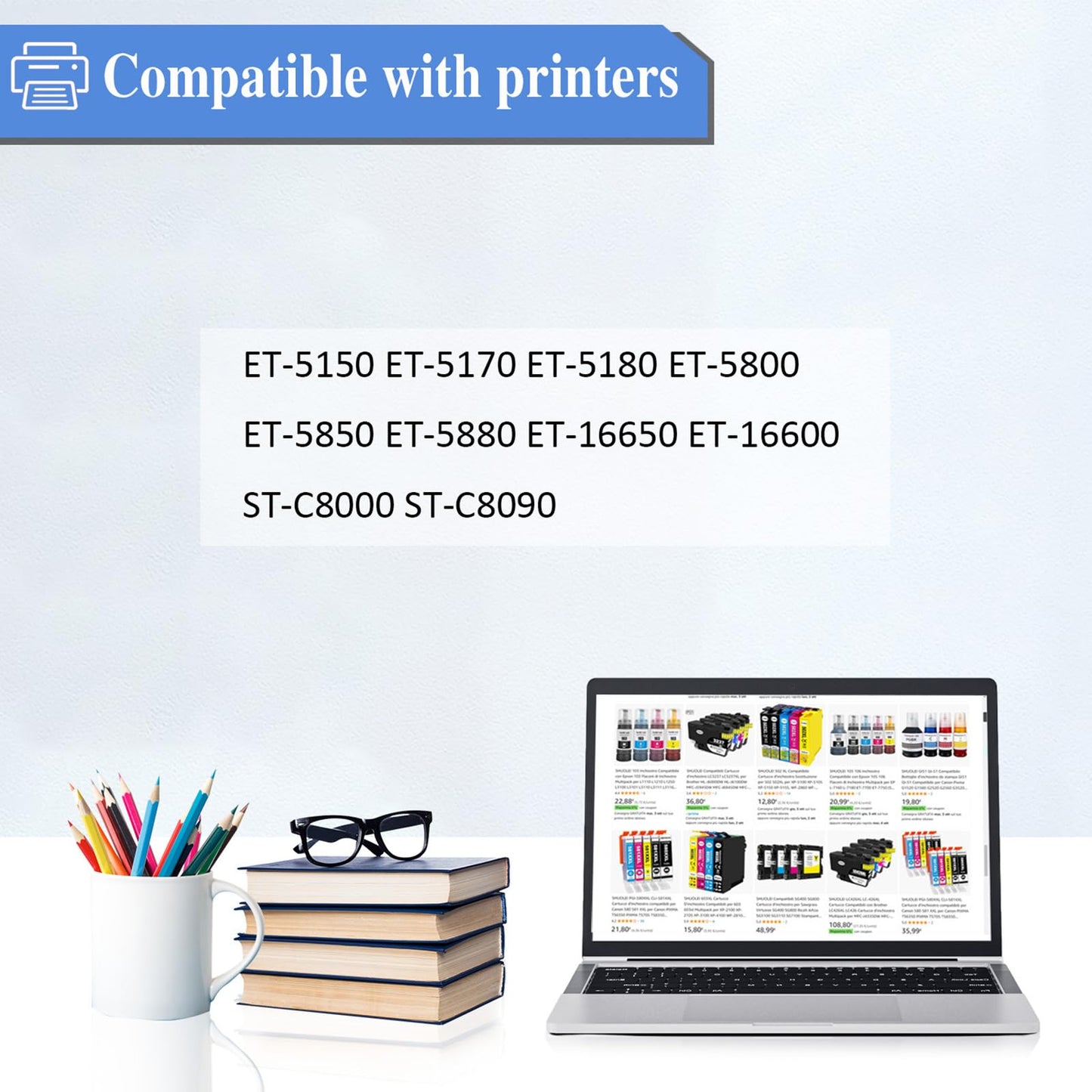 SHUOLEI Ink Compatible with Refill Ink Bottles Work with ET-5150 ET-5170 ET-5180 ET-5800 ET-5850 ET-5880 ET-16650 ET-16600 Printer(5-Pack,2 Black/Cyan/Magenta/Yellow)