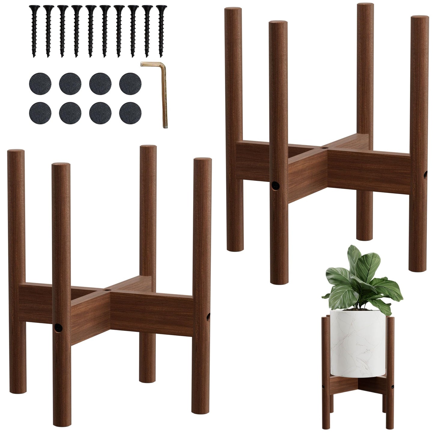 2 Pack Bamboo Plant Stands Indoor, for Up to 10 Inch Pots, Built to Fit Corners, Sturdy & Stable Design, Walnut Finish