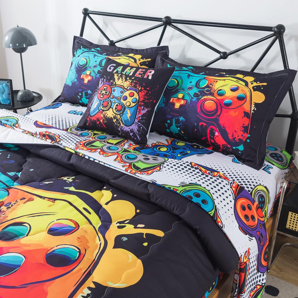 ADASMILE A & S 6 Pieces Gamer Comforter Sets for Boys Full Size Gaming Bedding Set Kids Teens Bed in A Bag Gamer Bed Set with Gamepad Sheets Soft Microfiber Controller Printed Home Decor