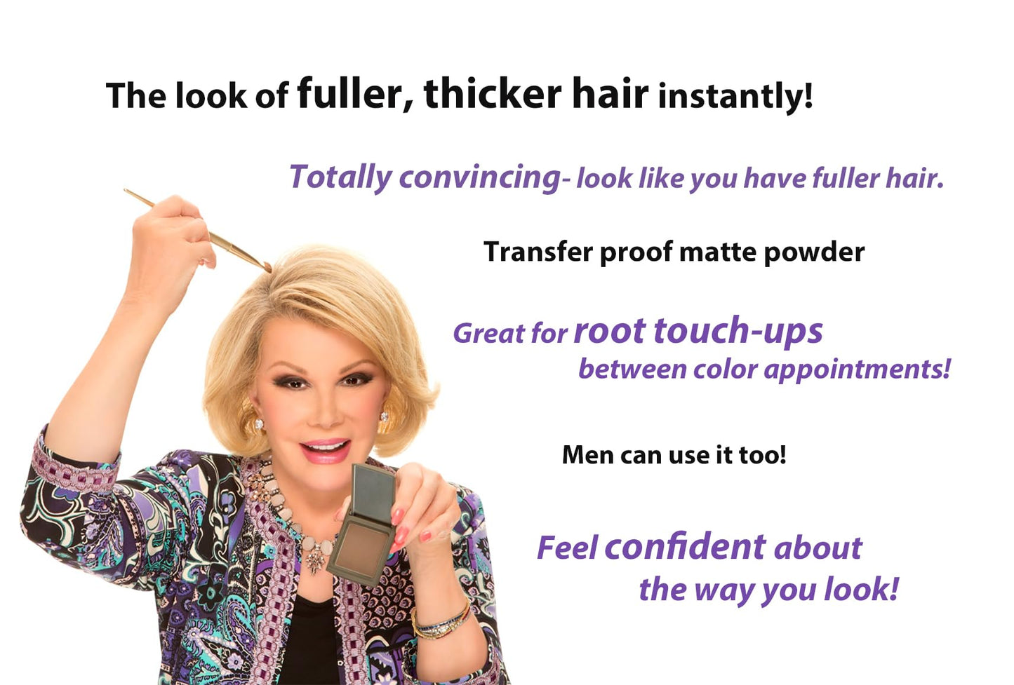 Joan Rivers Great Hair Day Root Touch Up Powder for Thinning Hair - Root Cover Up Hair Powder for Thicker, Fuller Looking Hair - Fill-In Powder and Gray Hair Coverage (Brunette)