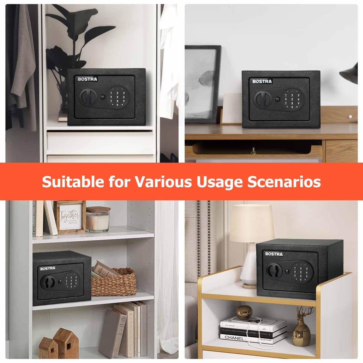 Bostra Fireproof Safe Box with Sensor Light & Fireproof Bag, Money Safe Box with Digital Keypad,Security Safe Box for Home, 0.23 Cubic Small Safe with Keys & Pass Code for Cash Jewelry Black