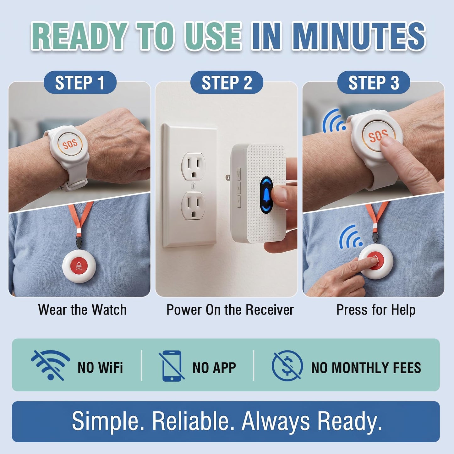 Daytech Caregiver Pager Call Button for Elderly Caregiver Paging System Home Alert Pager for Seniors Patient Nurse Medical Help Button 2 Receiver & 3 Panic Emergency Button
