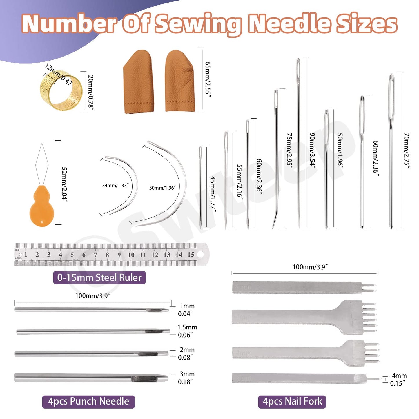 Swpeet 46Pcs Leather Kit, Leather Working Tools and Supplies, Leather Craft Tool Kit with Waxed Thread Groover Awl Stitching Punch, Tracing Wheel, Sewing Needles, Other Leather Crafting Tools