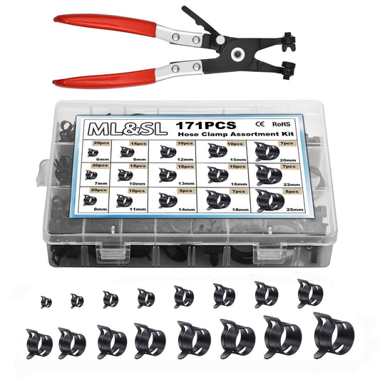 171Pcs 6-25mm Spring Band Hose Clamps with Swivel Flat Plier Assortment Kit, Spring Band Type Fuel Line Silicone Vacuum Hose Steel Clamp,Low Pressure Air Clip