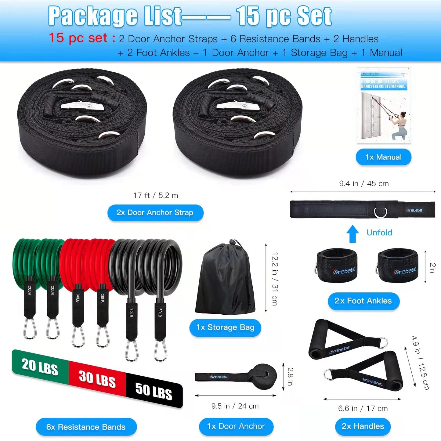 Brebebe Door Anchor Strap for Resistance Bands Exercises, Multi Point Gym Attachment Home Fitness, Portable Band Workout Equipment (1 Anchor+Resistance Set), Black