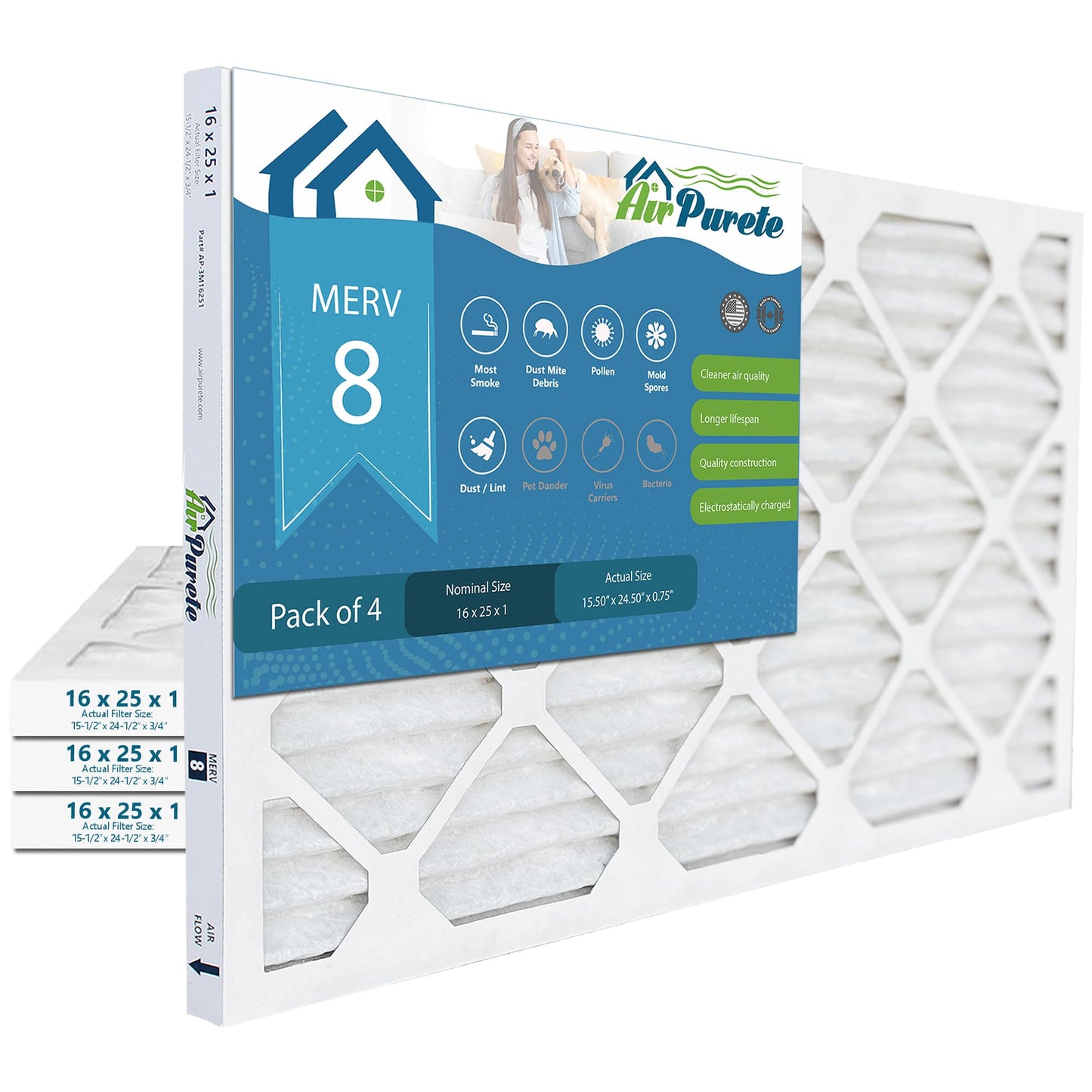 AirPurete AP3M16251 Furnace Filter | Actual Size: 15-1/2" x 24-1/2" x 3/4" (Nominal Size 16x25x1) | MERV 8 | (Pack of 4)