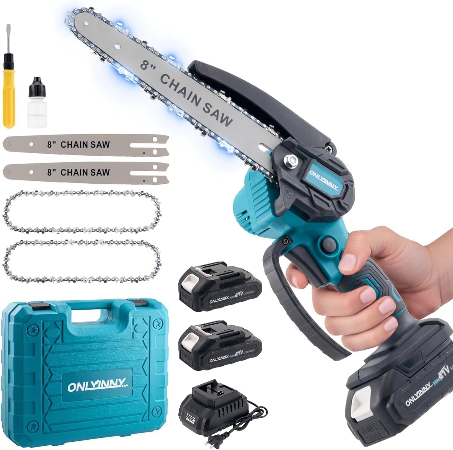 Mini Chainsaw 8 Inch Electric Chainsaw, Mini Cordless Battery Portable Chain Saw Kit Seniors Friendly with Auto Oiler, 2 Chainplate 2 Chains 2 Batteries for Tree Trimming,