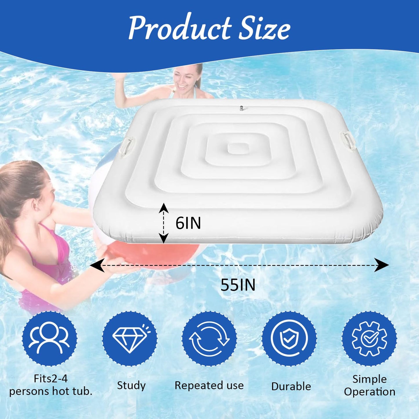 4.6 Ft Inflatable Hot Tub Cover, Square Hot Tub Cover Replacement Foldable Spa Covers Protector for Outdoor Inflatable Hot Tub, Rainproof and Tearproof