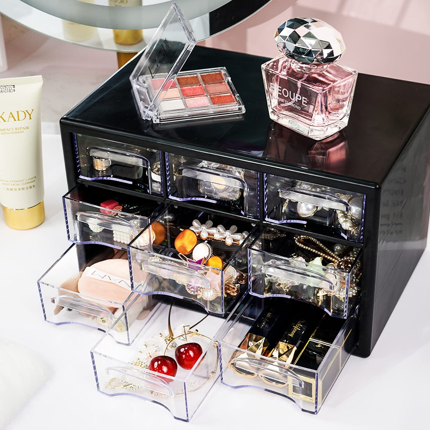 FODIENS Desk Storage Organizer with 9 Drawers, Stackable Desktop Craft Drawer Cabinet, Clear Storage Box Caddy for Makeup Jewelry Office Craft Supplies (Black)