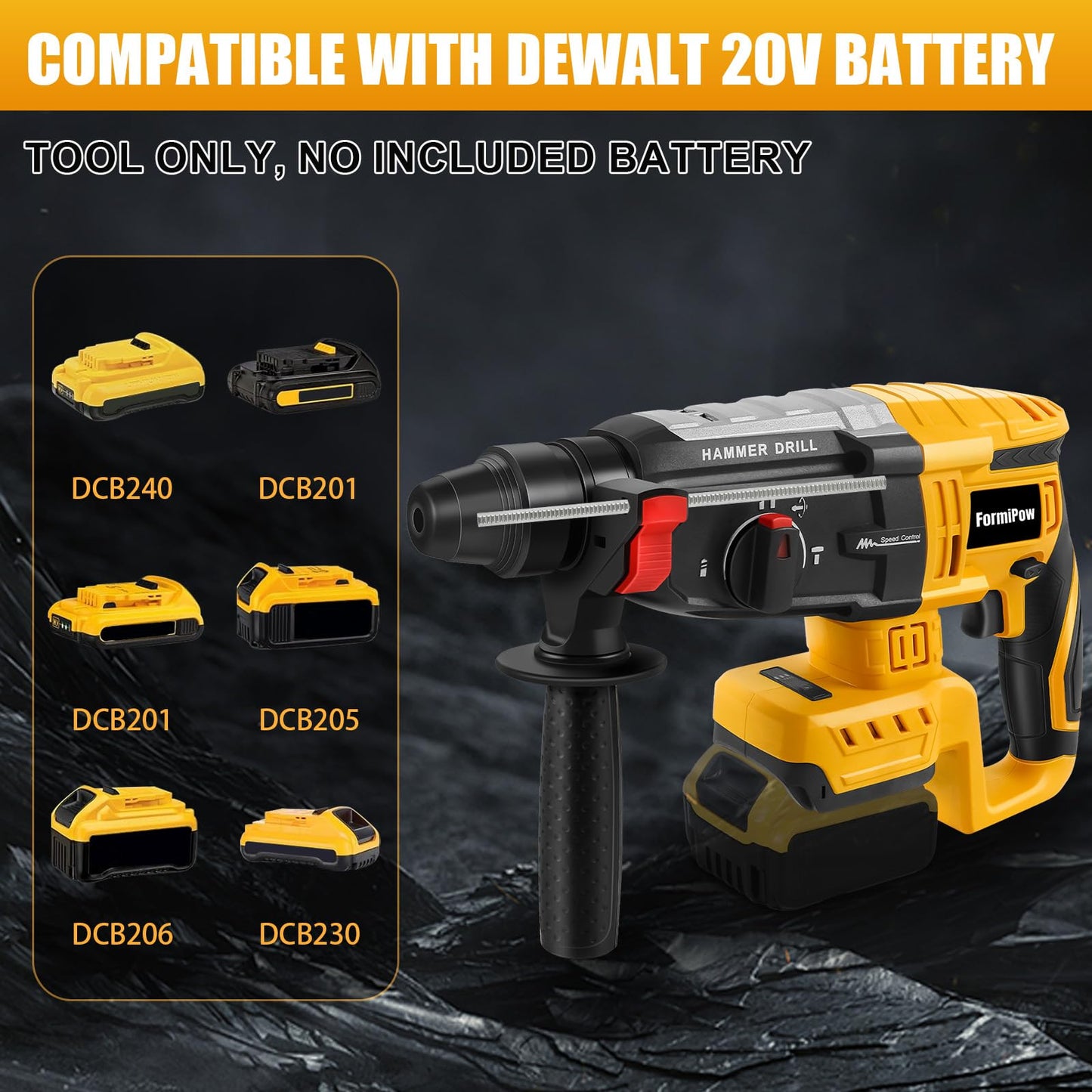 FormiPow SDS-Plus Rotary Hammer Drill for Dewalt 20V Battery, 2.6J Impact Brushless Hammer Drill with 4 Mode Operation, 360° Rotating Cordless Hammer Drills with 5 PCS Drill & Chisel Set (No Battery)