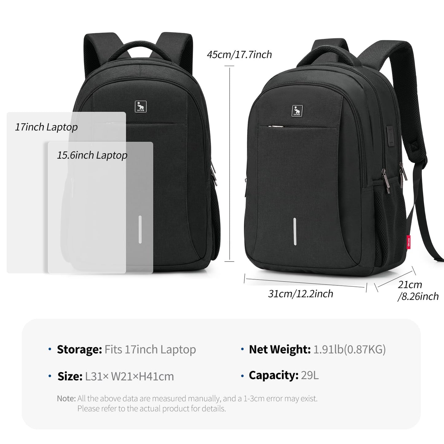 OIWAS Travel Laptop Backpack, 17 Inch Laptop Backpack for Men Women College Backpacks Bookbag with USB Charging Port Business Backpack