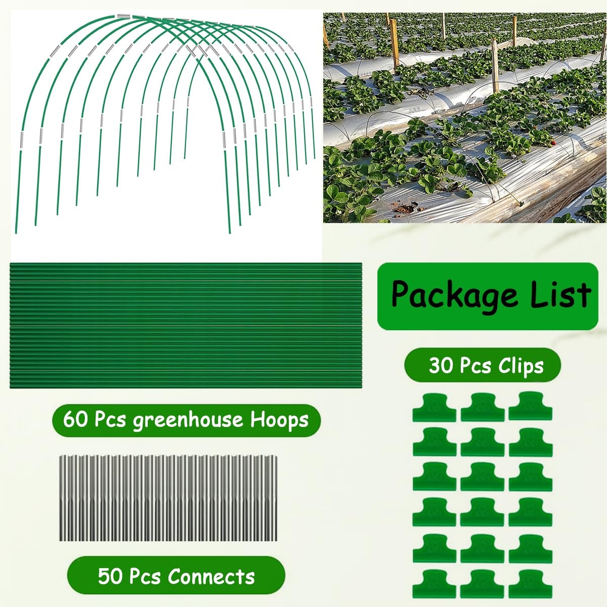 60Pcs Greenhouse Hoops for Raised Beds,8ft Greenhouse Hoops,Grow Tunnel,10 Sets Garden Hoops Rustproof Plastic Coated Steel Support Frame Hoops for Raised Beds, Garden Tunnel Row Cover Hoops Kit