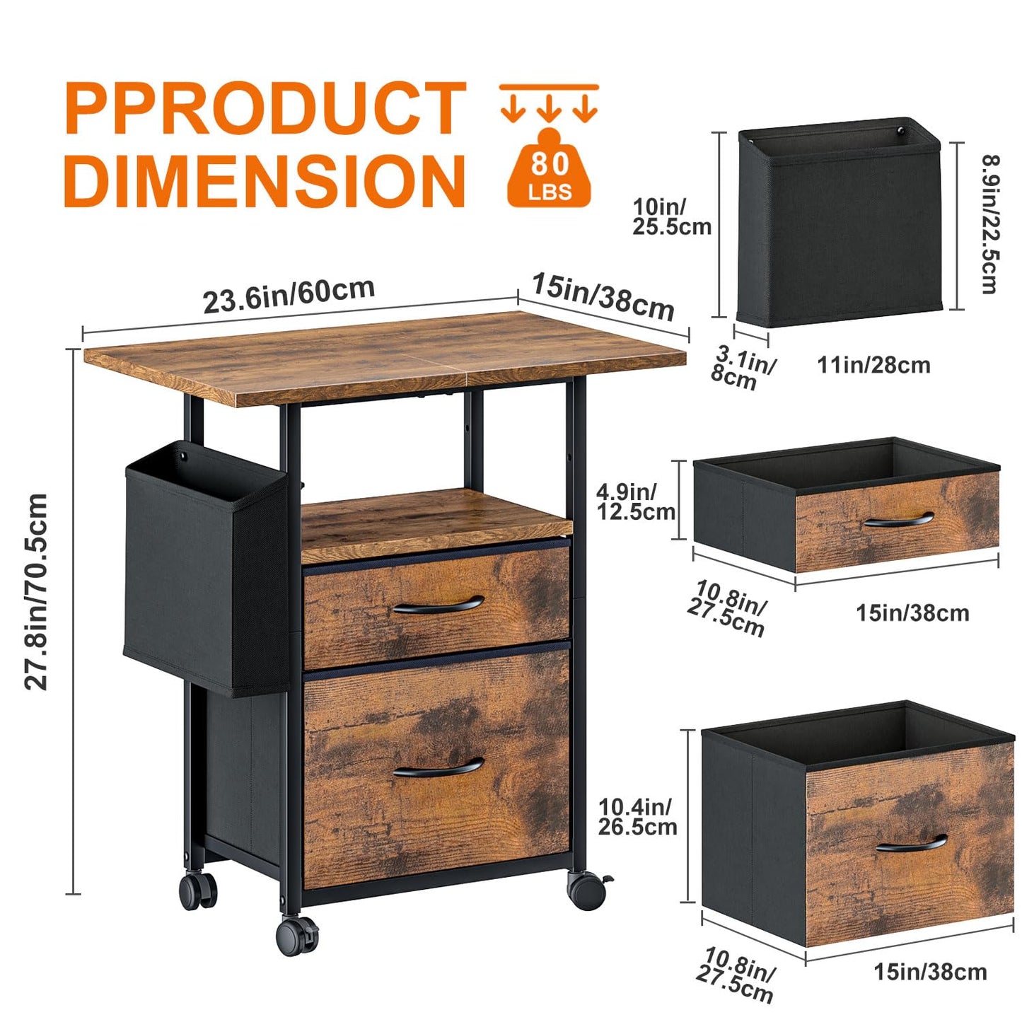 CAVSOIR File Cabinet with 2 Fabric Drawers, Mobile Filing Cabinet Printer Stand for Home Office, 3-Tier End Table Desk Night Stand Bedside Table for Bedroom (Rustic Brown)