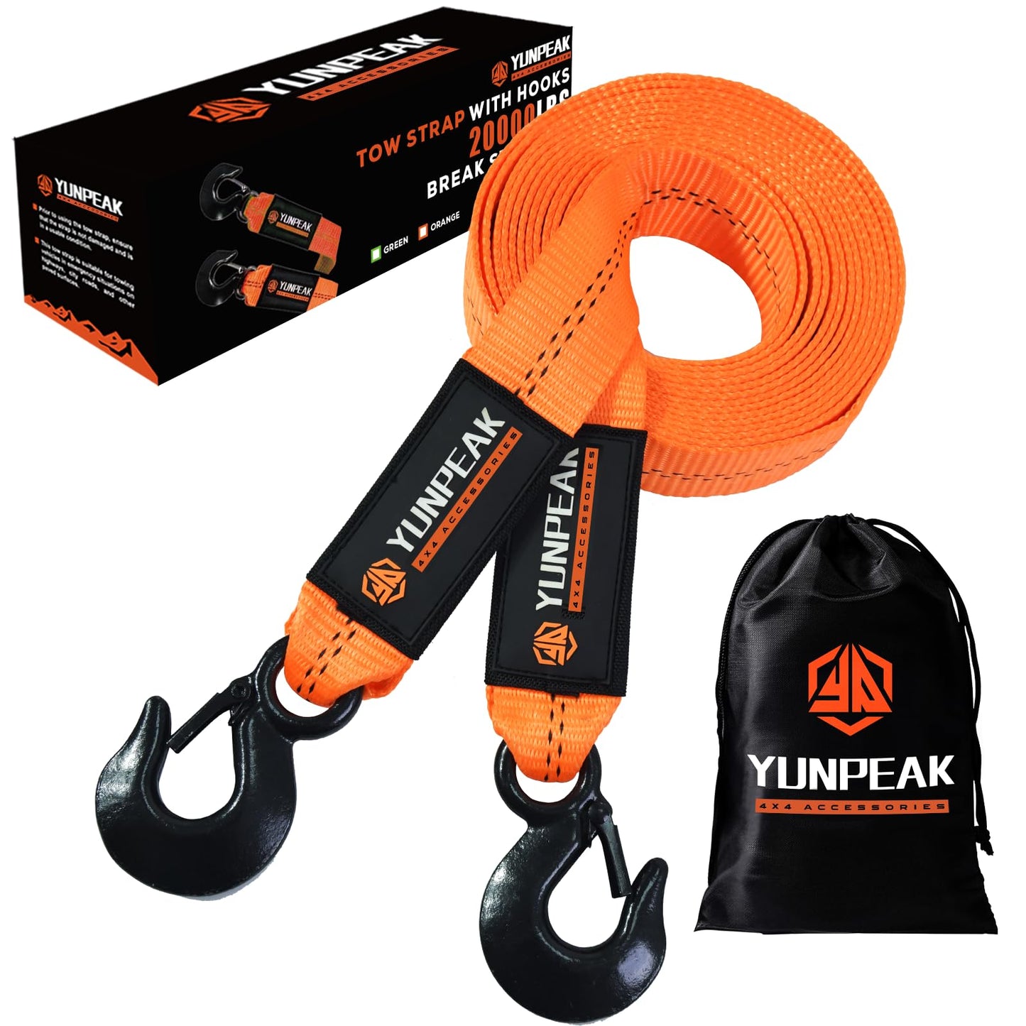YUNPEAK Tow Strap with Hooks, 2" x 20ft (20,000lbs) Heavy Duty Emergency Recovery Towing Strap with Forged Steel Hooks, Car Tow Strap for UTV, ATV, Truck (Orange)