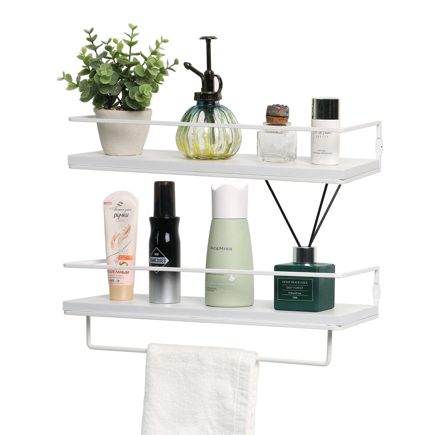 Floating Bathroom Shelves Set of 2 Wall Mounted Shelf with Black Metal Frame and Towel Rack for Bathroom Over Toilet Storage and Organizers for Bedroom Living Room Kitchen Office (White)