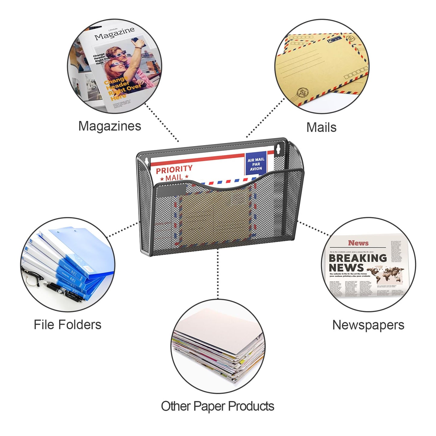 Samstar 6 Pack Mesh Wall Mounted File Holder Metal Wall File Pocket Mail Organizer for Office/Home(with Label Panel)