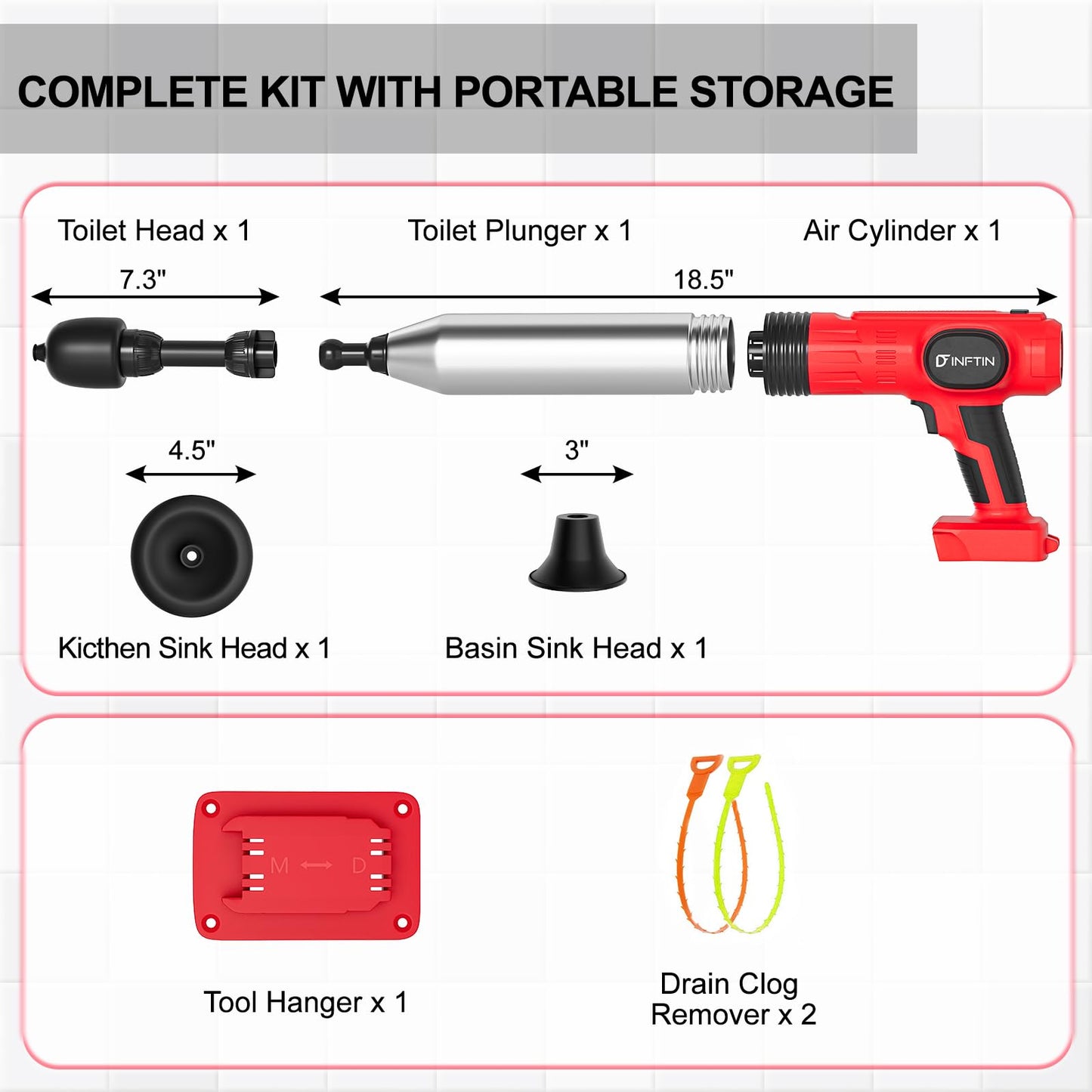 Dinftin Cordless Electric Toilet Plunger Pro Compatible for 18V Li-ion Battery (Battery Not Included) - Heavy Duty Unclogger with High Pressure & 3 Interchangeable Heads for Toilets, Sinks, Bathtubs