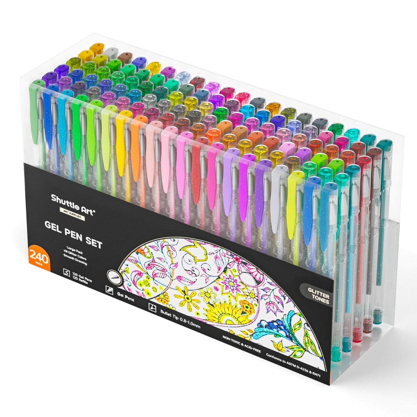 Shuttle Art 240 Pack Glitter Gel Pens, 120 Colors Glitter Gel Pen Set with 120 Refills for Adult Coloring Books Craft Doodling