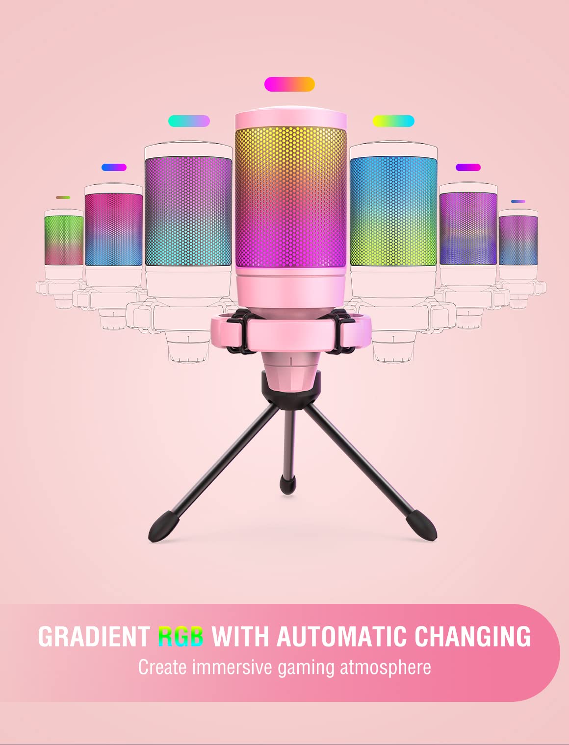 Fifine USB Gaming Microphone for PC PS4 PS5, Streaming RGB Computer Condenser Cardioid Mic with Mute Button, Volume Gain, Ideal for, YouTube, Video Podcasts-Pink A6P