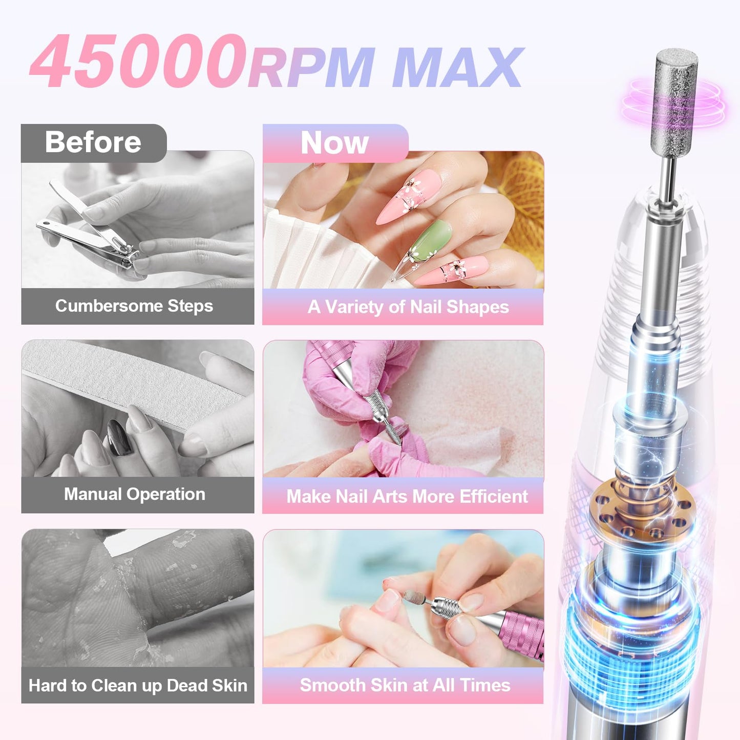 Beloving Portable Nail Drill Professional, 45000RPM Rechargeable Nail Drill Electric File Machine for Acrylic Gel Polish Remover, Cordless Nail Kit for Manicure Pedicure with 11 Bits for Salon Home