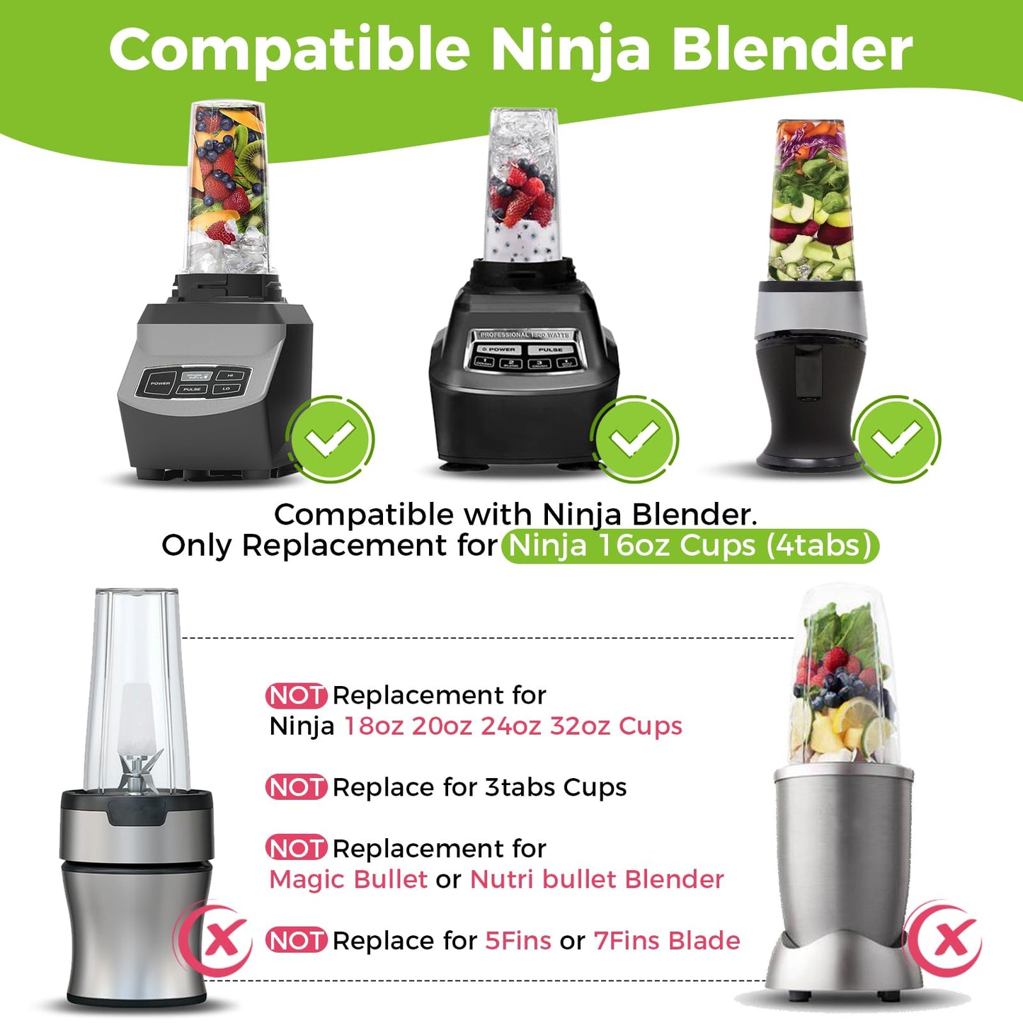 Replacement for Ninja Blender Single Serve 16oz Cups Scale with with Sip Seal Lids, 6 Fins Extractor Blade Compatible with Nurti Ninja Blenders BL660 BL663 BL663CO BL665Q BL740 BL770 (Pack of 5)