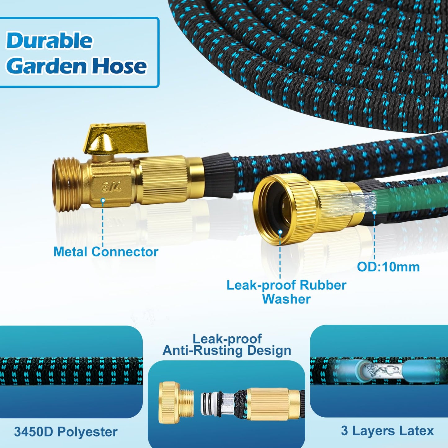 Expandable Garden Hose 100FT, Lightweight Water Hose with 10 Function Nozzle & 3/4" Solid Brass Fittings,Kink Free Retractable Collapsible Flexible Gardening Hose Pipe with Hook and Storage Bag,Blue